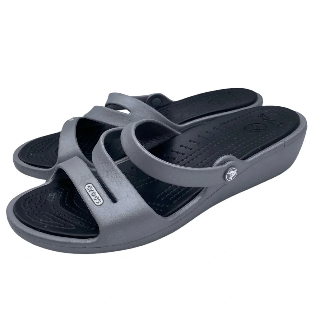 Crocs Sandals Patricia Silver Slide Wedge Casual Comfort Lightweight Womens Sz 8